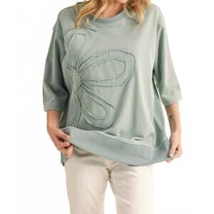 NEW SHEWIN color terry knit top with flower front in sage